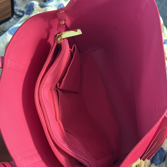 Joy & Iman Hot Pink Leather Tote Tassels Built In Organizer Tons Of Pockets - Picture 14 of 16